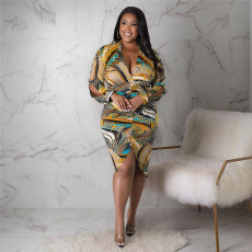 Plus Size Sexy Printed V Neck Split Long Sleeve Midi Dress ASL-7085