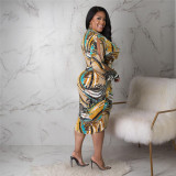 Plus Size Sexy Printed V Neck Split Long Sleeve Midi Dress ASL-7085