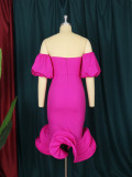 Plus Size Puff Sleeve Off-Shoulder Ruffle Midi Dress GKEN-220437