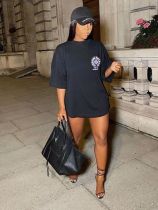 Pre Order: About 7 work days shipping Casual Printed Short Sleeve O Neck T-Shirt Dress YUEM-661077