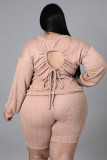 Plus Size Solid Long Sleeve Backless 2 Piece Shorts Sets OSM-5309