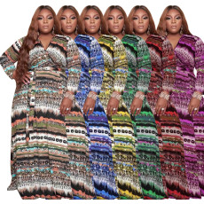 Plus Size Printed V Neck Long Sleeve Sashes Maxi Dress OSIF-22432