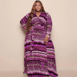 Plus Size Printed V Neck Long Sleeve Sashes Maxi Dress OSIF-22432