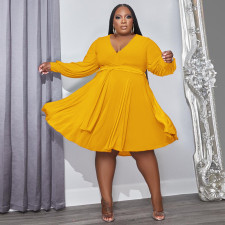 Plus Size Solid V Neck Long Sleeve Sashes High Waist Dress OSIF-22488
