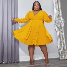 Plus Size Solid V Neck Long Sleeve Sashes High Waist Dress OSIF-22488