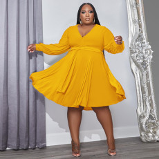 Plus Size Solid V Neck Long Sleeve Sashes High Waist Dress OSIF-22488
