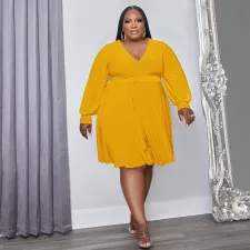 Plus Size Solid V Neck Long Sleeve Sashes High Waist Dress OSIF-22488
