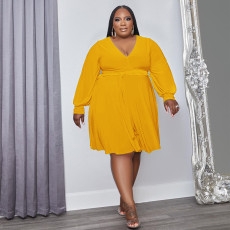 Plus Size Solid V Neck Long Sleeve Sashes High Waist Dress OSIF-22488