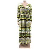 Plus Size Printed V Neck Long Sleeve Sashes Maxi Dress OSIF-22432