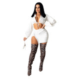 Sexy Long Sleeve Cropped Shirt Mini Skirt 2 Piece Sets HNIF-037