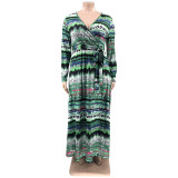 Plus Size Printed V Neck Long Sleeve Sashes Maxi Dress OSIF-22432