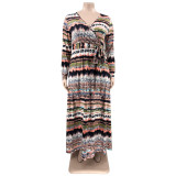 Plus Size Printed V Neck Long Sleeve Sashes Maxi Dress OSIF-22432