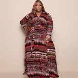 Plus Size Printed V Neck Long Sleeve Sashes Maxi Dress OSIF-22432