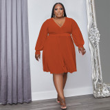 Plus Size Solid V Neck Long Sleeve Sashes High Waist Dress OSIF-22488
