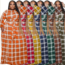 Plus Size Plaid Long Sleeve Maxi Skirt 2 Piece Sets OSIF-22425