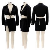 Sexy Long Sleeve Cropped Shirt Mini Skirt 2 Piece Sets HNIF-037