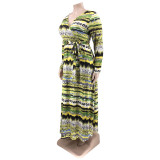 Plus Size Printed V Neck Long Sleeve Sashes Maxi Dress OSIF-22432
