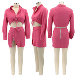 Sexy Long Sleeve Cropped Shirt Mini Skirt 2 Piece Sets HNIF-037