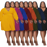 Plus Size Solid V Neck Long Sleeve Sashes High Waist Dress OSIF-22488