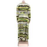 Plus Size Printed V Neck Long Sleeve Sashes Maxi Dress OSIF-22432