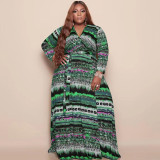 Plus Size Printed V Neck Long Sleeve Sashes Maxi Dress OSIF-22432