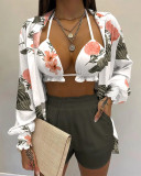 Plus Size Bra Top+Long Sleeve Shirt+Shorts 3 Piece Sets GSRX-Q6623