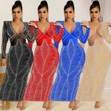 Sexy Rhinestones Long Sleeve V Neck Night Club Maxi Dress BY-5912