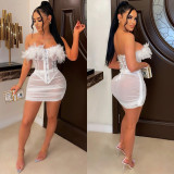 Sexy Mesh Feather Tube Top Mini Skirt 2 Piece Sets BY-5903