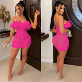 Sexy Mesh Feather Tube Top Mini Skirt 2 Piece Sets BY-5903