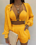 Plus Size Bra Top+Long Sleeve Shirt+Shorts 3 Piece Sets GSRX-Q6623