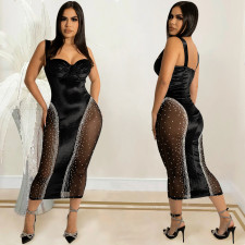 Sexy Rhinestones Mesh Patchwork Night Club Dress BY-5906