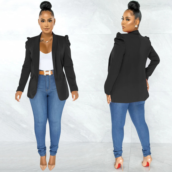 Solid Puff Sleeve Long Sleeve Blazer Coat BY-5932