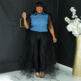 Plus Size Denim Mesh Patchwork Long Dress NNWF-7550