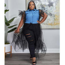Plus Size Denim Mesh Patchwork Long Dress NNWF-7550
