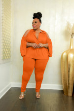 Plus Size Solid Cold Shoulder Two Piece Pants Sets JRF-3702