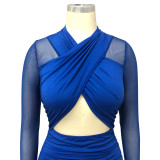 Sexy Mesh Patchwork Ruched Hollow Midi Dress YF-10216