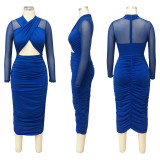 Sexy Mesh Patchwork Ruched Hollow Midi Dress YF-10216