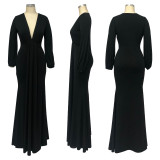 Solid V Neck Long Sleeve High Waist Maxi Evening Dress YF-10212