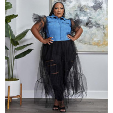 Plus Size Denim Mesh Patchwork Long Dress NNWF-7550