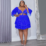 Plus Size Dot Print Ruffled Crop Top Mini Skirt 2 Piece Sets NNWF-7637