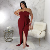 Plus Size Solid Off Shoulder Split Maxi Evening Dress NNWF-7624