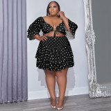 Plus Size Dot Print Ruffled Crop Top Mini Skirt 2 Piece Sets NNWF-7637