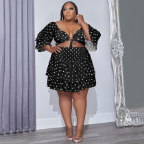 Plus Size Dot Print Ruffled Crop Top Mini Skirt 2 Piece Sets NNWF-7637