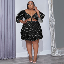 Plus Size Dot Print Ruffled Crop Top Mini Skirt 2 Piece Sets NNWF-7637