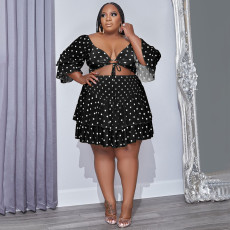 Plus Size Dot Print Ruffled Crop Top Mini Skirt 2 Piece Sets NNWF-7637