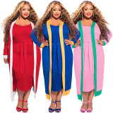 Plus Size Sleeveless Sashes Midi Dress+Long Cloak 2 Piece Sets NNWF-7622