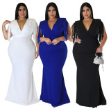 Plus Size Solid Tassel V Neck Maxi Evening Dress NNWF-7628