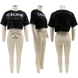 Sexy Sequin Short Sleeve Cropped T-Shirt HNIF-HN081