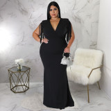 Plus Size Solid Tassel V Neck Maxi Evening Dress NNWF-7628
