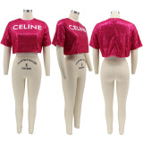 Sexy Sequin Short Sleeve Cropped T-Shirt HNIF-HN081